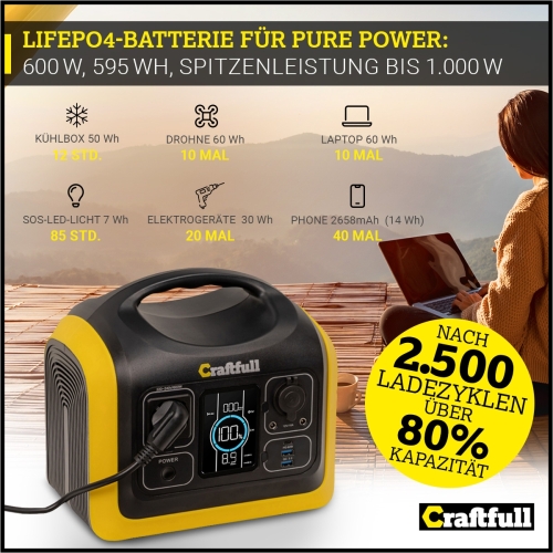 Craftfull Powerstation Adventure CP-600, 595 Wh, 600 Watt, tragbar, Lithium-Akku, Steckdose, USB