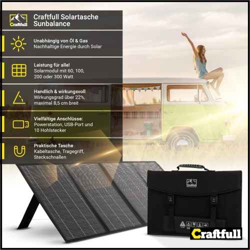 Craftfull Solartasche Sunbalance, faltbares Solarmodul, 60-300 Watt, Standfüße, Tragegriff, mit USB